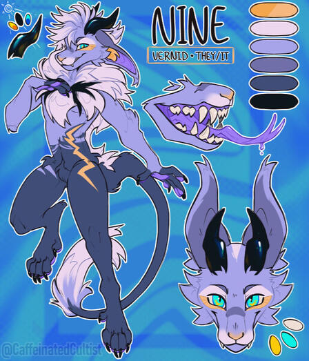 Digital art of a furry character reference sheet. Displaying the character "Nine" Vernid. Color palettes. Royal Vernid horns. Front facing headshot. Closeup mawshot. Vernid species by, LiLaiRa Artwork by, CaffeinatedCultist