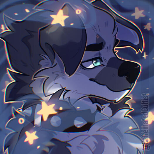 Digital art of an anthro canine character displayed from the side profile. Character is surrounded by beautiful stars and misty dreamlike ambience. Artwork by, CaffeinatedCultist