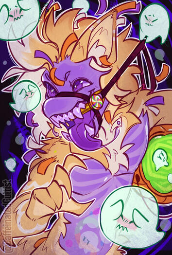 Digital art of a piñata monster named "Gingerbread" hunting in a haunted forest with an insatiable hunger for spirits, holding a orange pumpkin candy bucket to contain some ghosts (treats) for later consumption. Artwork by, CaffeinatedCultist