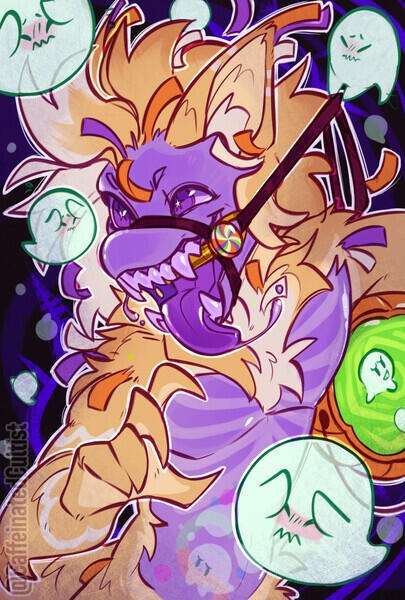 Custom Themed Halfbody Digital art of a piΓ±ata monster named "Gingerbread" hunting in a haunted forest with an insatiable hunger for spirits, holding a orange pumpkin candy bucket to contain some ghosts (treats) for later consumption. Artwork by, CaffeinatedCultist