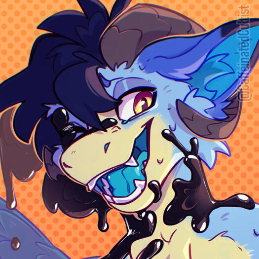 Digital art of a anthro dragon character becoming enveloped in liquid latex. Character appears to be happy about this. A goopy sign is censoring the crotch area with text that reads "Private Property." Artwork by, CaffeinatedCultist