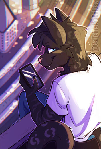Digital art of a furry feline character sitting atop a tall building overlooking the city below. Character is holding a phone and looking back at the viewer. Artwork by, CaffeinatedCultist