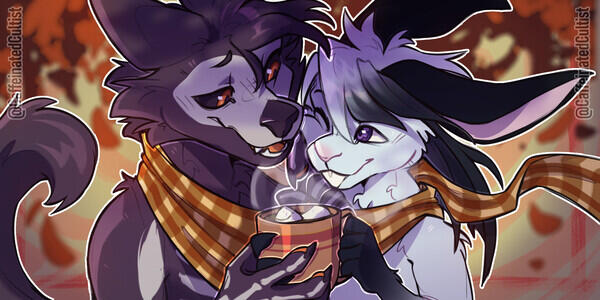 Digital art of a furry couple wrapped up in a warm cozy scarf together, sharing a mug of hot chocolate with marshmallows. Artwork by, CaffeinatedCultist