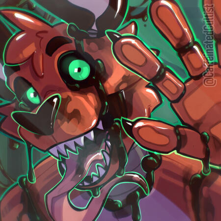 Digital art of a furry animatronic bat character with glowing green LED eyes, waving at the viewer, with its mouth open displaying sharp teeth and long tongue hanging out. Character appears to have its chassis pumped full of mysterious black goo. Artwork